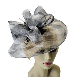 Black and White Large Fascinator With Ribbon Loops and Feathers